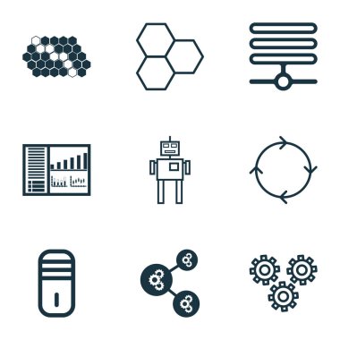 9 makine öğrenme simgeler kümesi. Mekanizma parçaları, Cyborg, anabilgisayar ve diğer simgeleri içerir. Güzel tasarım öğeleri.
