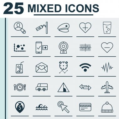 25 evrensel düzenlenebilir simgeler kümesi. Web, mobil ve App tasarım için kullanılabilir. Kablosuz, dalga okyanus, Unfollow simgesini ve daha fazlası gibi öğeleri içerir.
