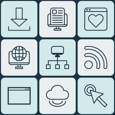9 Online bağlantı simgeler kümesi. Bilgisayar ağı, Program, oturum açma ve diğer simgeleri içerir. Güzel tasarım öğeleri.