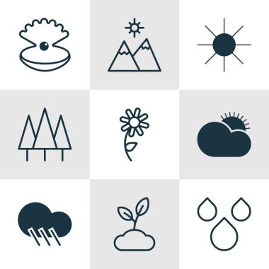 9 ekoloji simgeler kümesi. Güneşli havalarda, bitki, deniz kıyısı ve diğer simgeleri içerir. Güzel tasarım öğeleri.