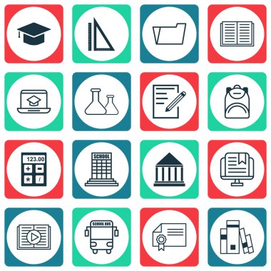 16 eğitim simgeler kümesi. Akademi, uzaktan eğitim, kimyasal ve diğer simgeleri içerir. Güzel tasarım öğeleri.