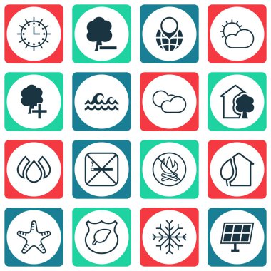 16 çevre dostu simgeler kümesi. Guard ağaç, ev, deniz yıldızı ve diğer simgeleri içerir. Güzel tasarım öğeleri.