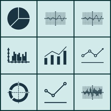 Grafikler, diyagramlar ve istatistik simgeleri kümesi. Kaliteli sembol koleksiyonu. Simgeler web, uygulama ve UI tasarımı için kullanılabilir.
