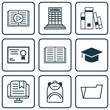 9 eğitim simgeler kümesi. Akademi, bantlanmış kitap, belge dava ve diğer simgeleri içerir. Güzel tasarım öğeleri.