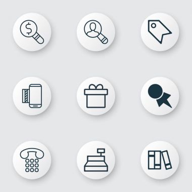 9 e-ticaret simgeler kümesi. Kitaplık, hediye, Callcentre ve diğer simgeleri içerir. Güzel tasarım öğeleri.