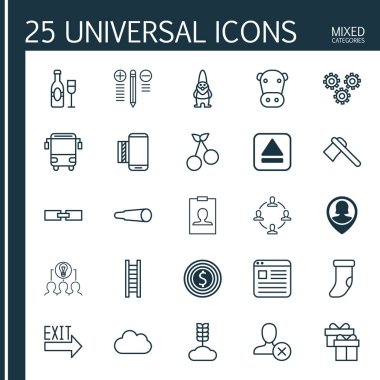 25 evrensel düzenlenebilir simgeler kümesi. Web, mobil ve App tasarım için kullanılabilir. Kimlik kartı, mevcut, ilgili bilgileri ve daha fazlası gibi unsurları içerir.