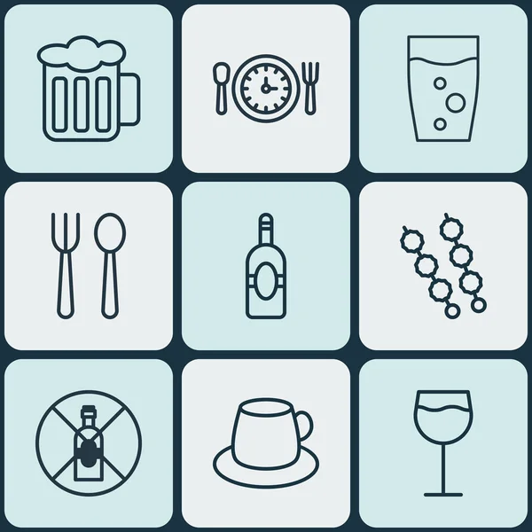 Conjunto de 9 iconos de la comida. Incluye Hooch, refresco, Stick Batbecue y otros símbolos. Hermosos elementos de diseño . — Vector de stock