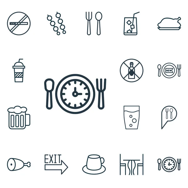 Set med 16 äta ikoner. Innehåller Soda dricka, färsk mat, äta hus och andra symboler. Vacker designelement. — Stock vektor