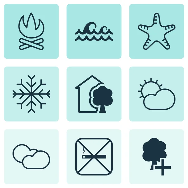 Set van 9 Eco-vriendelijke iconen. Bevat Ocean Wave, Cloud Cumulus, Bonfire en andere symbolen. Mooie designelementen. — Stockvector