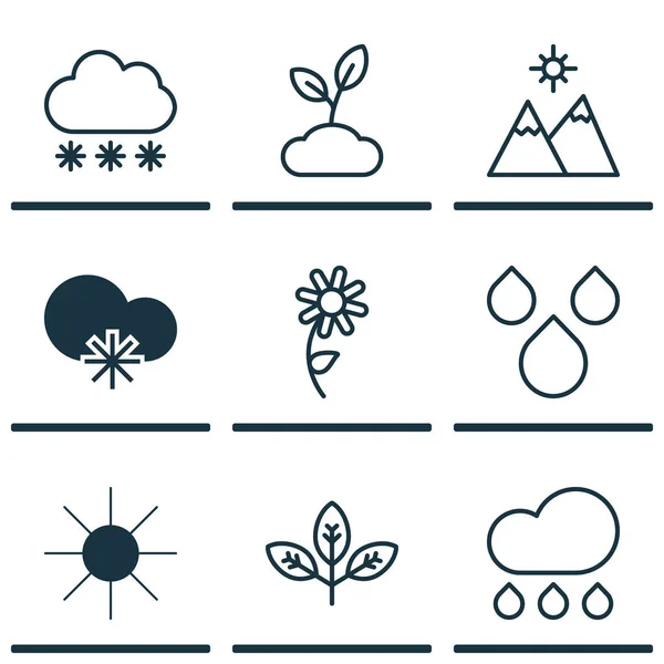 Sada 9 ikon na světě. Obsahuje kapky vody, studené podnebí, sněhové bouře a další symboly. Krásné designové prvky. — Stockový vektor