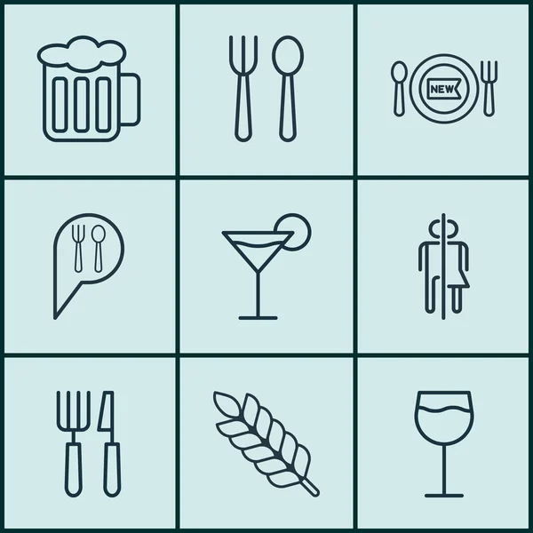 Uppsättning av 9 restaurang ikoner. Innehåller gaffel kniv, Cocktail, toaletten och andra symboler. Vacker designelement. — Stock vektor