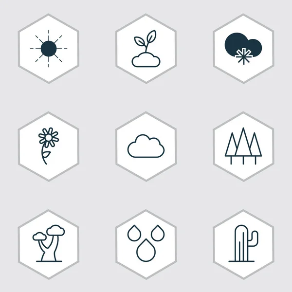 Sada 9 příroda ikon. Zahrnuje chladné podnebí, Cloud, slunce a další symboly. Krásné designové prvky. — Stockový vektor
