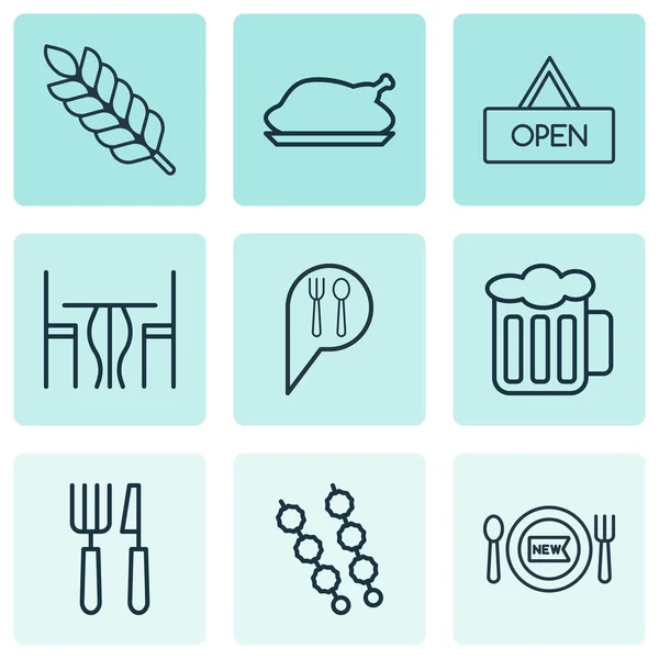 Set de 9 iconos para comer. Incluye Trigo, Stick Batbecue, Comedor Fresco y Otros Símbolos. Hermosos elementos de diseño . — Archivo Imágenes Vectoriales