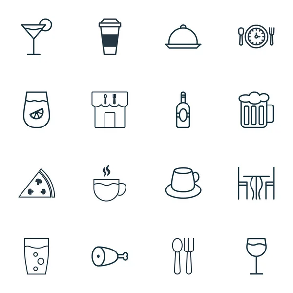 Conjunto de 16 iconos de la comida. Incluye hora de la comida, vino, taza de café y otros símbolos. Hermosos elementos de diseño . — Archivo Imágenes Vectoriales