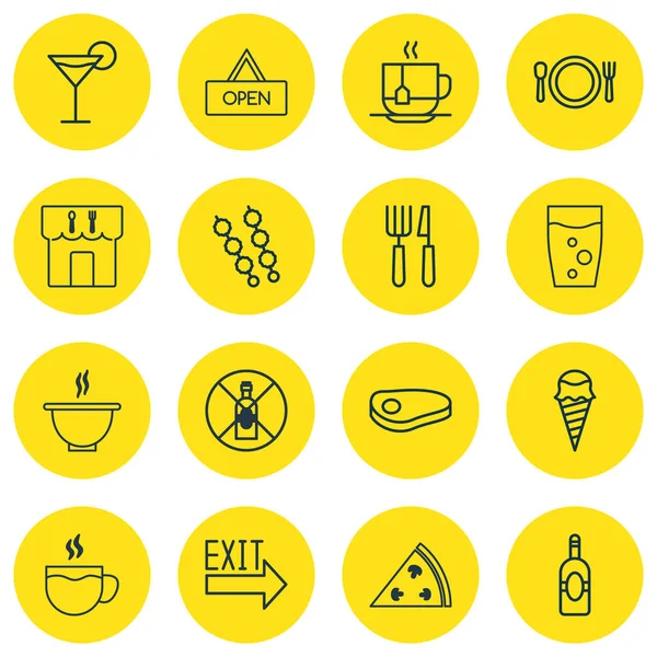 Conjunto de 16 ícones de restaurante. Inclui porta, sem beber, faca de garfo e outros símbolos. Elementos de design bonito . —  Vetores de Stock