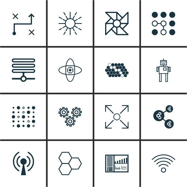 Satz von 16 maschinellen Lernsymbolen. umfasst drahtlose Kommunikation, Lösung, Bienenstockmuster und andere Symbole. schöne Gestaltungselemente. — Stockvektor