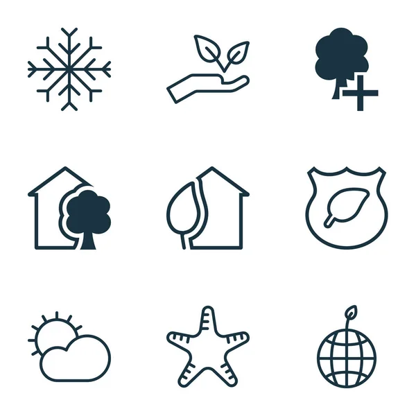 Set van 9 Eco iconen. Bevat Guard boom, wereld ecologie, huis en andere symbolen. Mooie designelementen. — Stockvector
