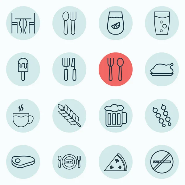 Conjunto de 16 iconos de la comida. Incluye limonada, pepperoni, cuchillo de tenedor y otros símbolos. Hermosos elementos de diseño . — Archivo Imágenes Vectoriales