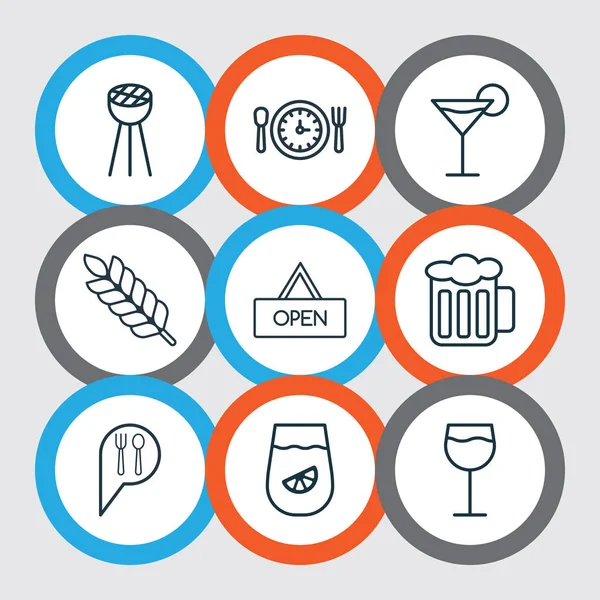 Set de 9 iconos de la comida. Incluye Trigo, Cóctel, Hora de Comida y Otros Símbolos. Hermosos elementos de diseño . — Vector de stock