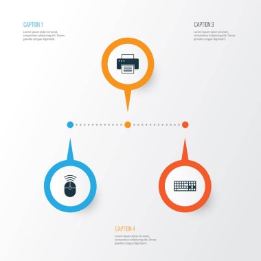 Dijital Icons Set. Baskı makinesi, tuş takımı, bilgisayar fare ve diğer öğeleri koleksiyonu. Ayrıca makine, klavye, yazıcı gibi simgeler içerir.