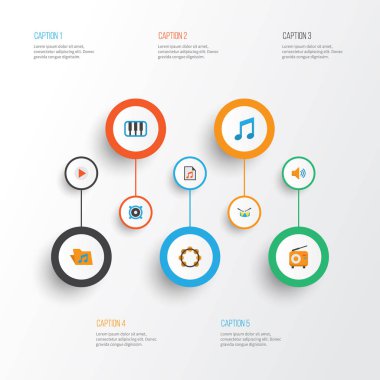 Ses düz simgeler kümesi. Piyano, düğme, ses ve diğer öğeleri koleksiyonu. Ayrıca, tef, Band, müzik gibi simgeler içerir.