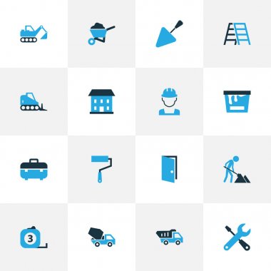 Renkli simgeler binada. Durumda, bakım, kazıcı ve diğer öğeleri koleksiyonu. Ayrıca, buldozer, inşaat, macun gibi simgeler içerir.