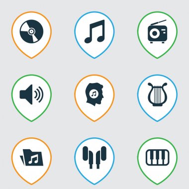 Ses simgeler kümesi. Tuner, ses, oktav ve diğer öğeleri koleksiyonu. Ayrıca Fm, hacim, Not gibi simgeler içerir.