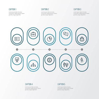 İş anahat simgelerini belirlemek. İş sunumu, evrak çantası, konuşma ve diğer öğeleri koleksiyonu. Ayrıca hiyerarşi, pasta, iş gibi simgeler içerir.