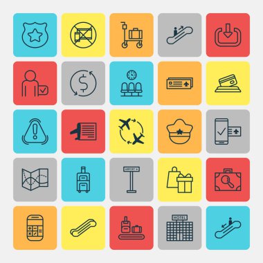 Havaalanı Icons Set. Alışveriş, Havaalanı kartı, toplama polis sembol ve diğer öğeler. Ayrıca aşağı, el, kredi gibi sembolleri içerir.