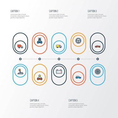 Otomobil renkli anahat simgelerini belirlemek. Dümen, parça, Van ve diğer öğeleri koleksiyonu. Ayrıca Hood, tekerlek, kaporta gibi simgeler içerir.