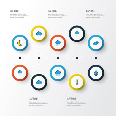 Hava renkli anahat simgeler kümesi. Puslu, bulutlu hava, ölçek ve diğer öğeleri koleksiyonu. Ayrıca yağmur, bulut, fırtına gibi simgeler içerir.