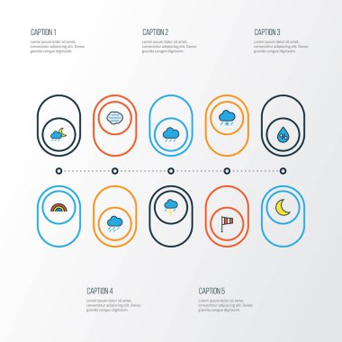 Hava renkli anahat simgelerini belirlemek. Ay, Puslu toplama, yağmur damlası ve diğer öğeleri. Ayrıca Rüzgar, Moon, kar gibi simgeler içerir.