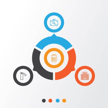 Havaalanı Icons Set. Hesaplama, Bagaj araştırma, tesisi geliştirme ve diğer öğeleri koleksiyonu. Aynı zamanda Sprinkler, yangın, hesap makinesi gibi simgeler içerir.