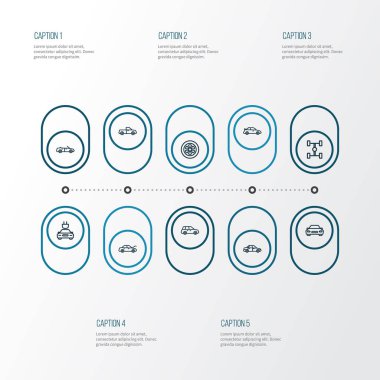 Araba anahat simgelerini belirlemek. Araba, tekerlek, kaporta ve diğer öğeleri koleksiyonu. Ayrıca karkas, otomatik, spor gibi simgeler içerir.