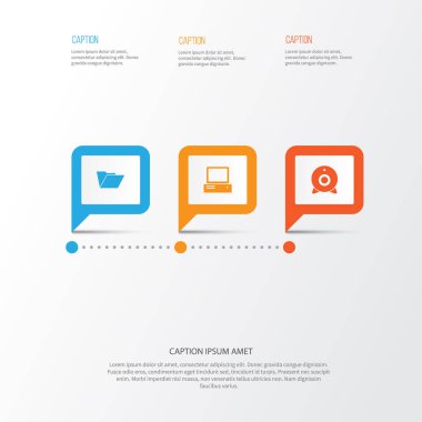 Dijital Icons Set. Yayın, dosyası, monitör ve diğer öğeleri koleksiyonu. Ayrıca Web, monitör, dosyası gibi simgeler içerir.