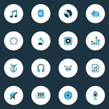 Multimedya renkli simgeler kümesi. Kulaklık, davul, Harp ve diğer öğeleri koleksiyonu. De gramofon, hacim, ekolayzer gibi simgeler içerir.