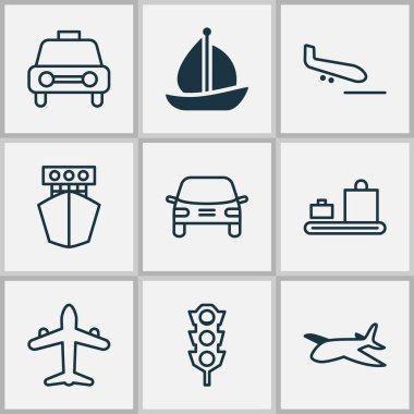 Icons Set nakliye. Taksi, trafik ışığı, yelkenli ve diğer öğeleri koleksiyonu. Ayrıca ışık, otomobil, uçak gibi simgeler içerir.