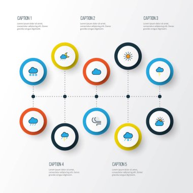 Hava renkli anahat simgeler kümesi. Kar yağışı, Tornado, bulutlu gün ve diğer öğeleri koleksiyonu. Ayrıca güneş ışığı, yıldırım, kar yağışı gibi simgeler içerir.
