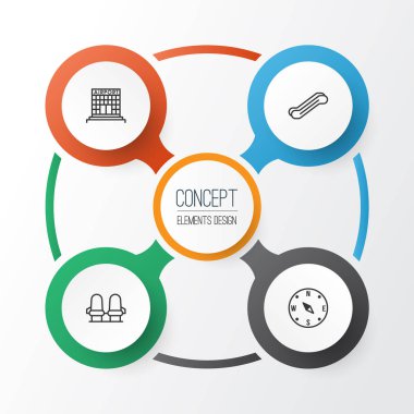 Icons Set seyahat. Koltuk, Havaalanı üretimi, merdiven Asansör ve diğer öğeleri koleksiyonu. Ayrıca inşaat, yürüyen merdiven, harita gibi simgeler içerir.