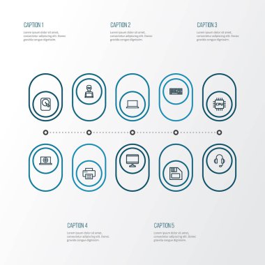 Bilgisayar anahat simgelerini belirlemek. Sabit Disk, Cpu, dizüstü bilgisayar ve diğer öğeleri koleksiyonu. Ayrıca yazdırma, basın, monitör gibi simgeler içerir.