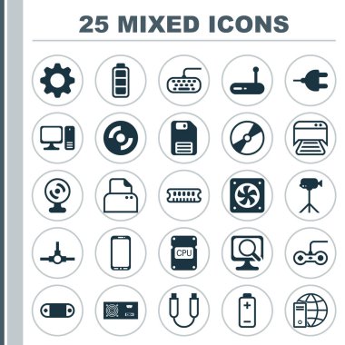 Donanım simgeleri ayarlayın. Masaüstü bilgisayar, video kamera, boş Cd ve diğer öğeleri koleksiyonu. Ayrıca ses, yönlendirici, tarayıcı gibi simgeler içerir.