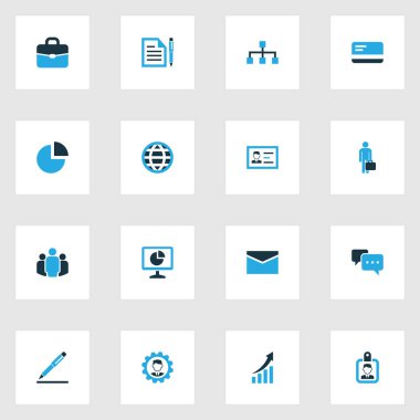 Ticaret renkli simgeler kümesi. Sözleşme, Yöneticisi, Küre ve diğer öğeleri koleksiyonu. Ayrıca insan, grup, birlik gibi simgeler içerir.