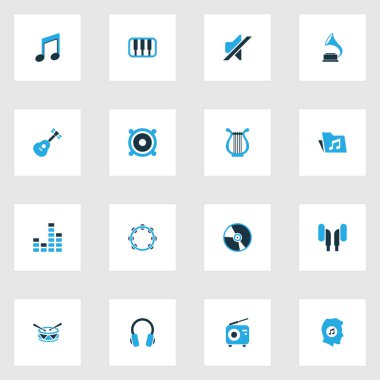 Müzik renkli simgeler kümesi. Radyo, sessiz, mikser ve diğer öğeleri koleksiyonu. Ayrıca, klavye, ARP, pikap gibi simgeler içerir.