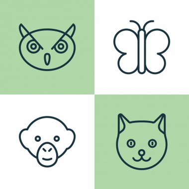 Hayvanat Bahçesi Icons Set. Güve, babun, yavru kedi ve diğer öğeleri koleksiyonu. Ayrıca maymun, şempanze, baykuş gibi simgeler içerir.