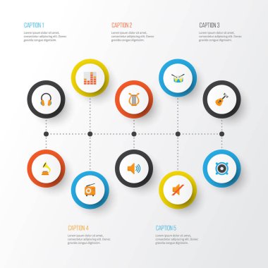 Ses düz simgeler kümesi. Ses, yayın, kulak Muffs ve diğer öğeleri koleksiyonu. Ayrıca, enstrüman, müzik, grup gibi simgeler içerir.