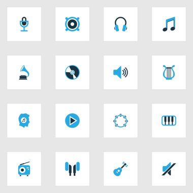 Müzik renkli simgeler kümesi. Oyun, gramofon, kulaklık ve diğer öğeleri koleksiyonu. Ayrıca kulaklık, megafon, kulaklık gibi simgeler içerir.