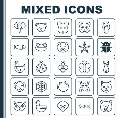 Zooloji Icons Set. Ördek, ayı, sıçan ve diğer öğeleri koleksiyonu. Ayrıca fare, örümcek, boz ayı gibi simgeler içerir.