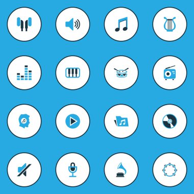 Ses renkli simgeler kümesi. Piyano, klasör, mikrofon ve diğer öğeleri koleksiyonu. Ayrıca ekolayzer, oyun, tef gibi simgeler içerir.