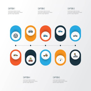 Otomobil renkli anahat simgelerini belirlemek. Pikap, otomatik, makine ve diğer öğeleri koleksiyonu. Ayrıca vagon, istasyonu, tekerlek gibi simgeler içerir.