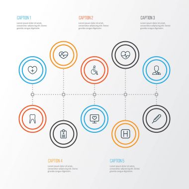 Antibiyotik anahat simgelerini belirlemek. Pençe, nabız, doktor ve diğer öğeleri koleksiyonu. Ayrıca renk, artı, tanı gibi simgeler içerir.
